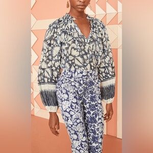 Ulla Johnson Yulia Blouse‎ Indigo Printed Metallic Size 0 Shirt Statement Sleeve